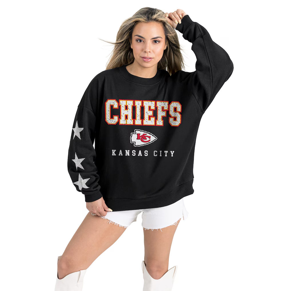 Women's Kansas City Chiefs Gameday Couture Black Velocity Relaxed Rhinestone Pullover Sweatshirt(Run Small)